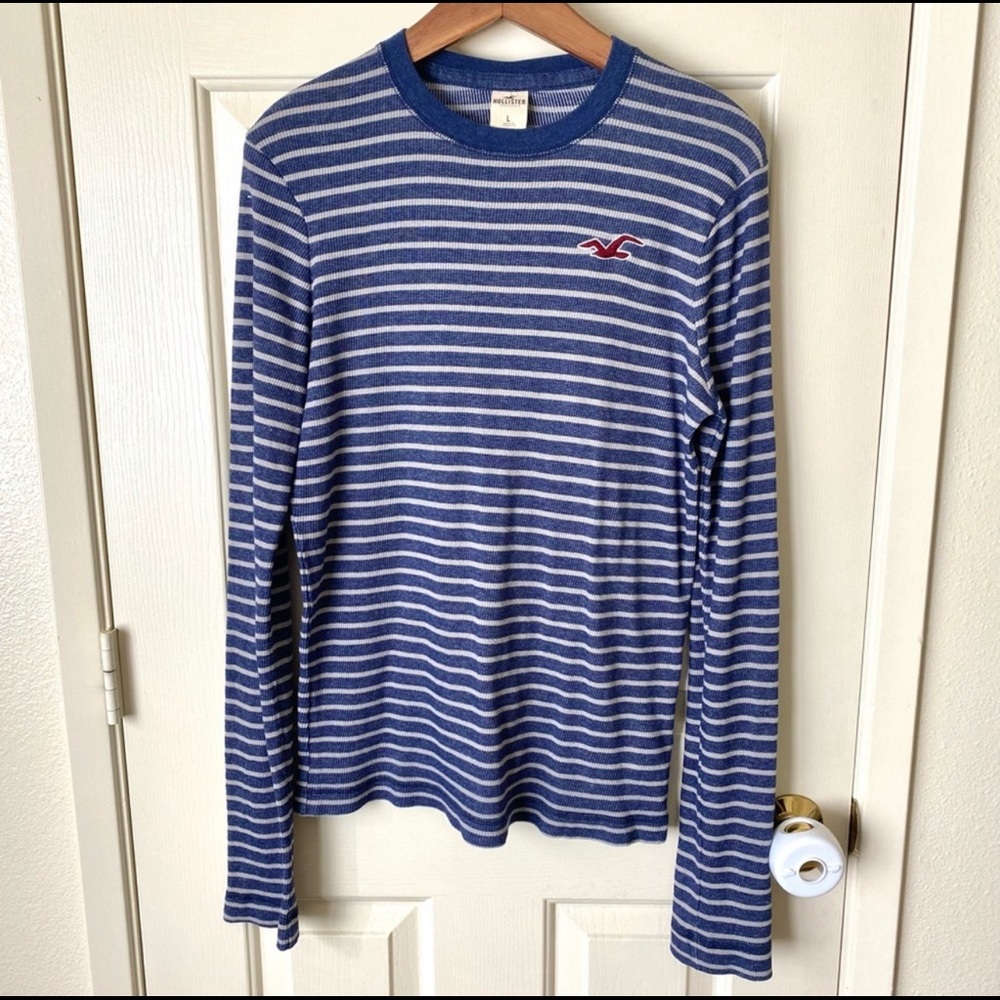 HOLLISTER California Blue & White Stripe Long Sleeve Men's Thermal Top Ribbed